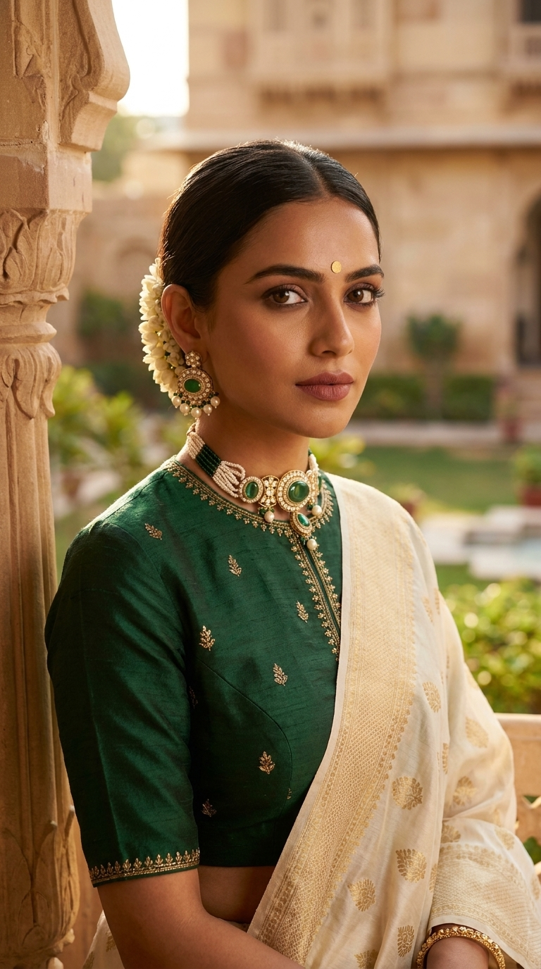 Gold-Plated Emerald Green & Pearl Kundan Choker Necklace Set with Matching Earrings for Women & Girls