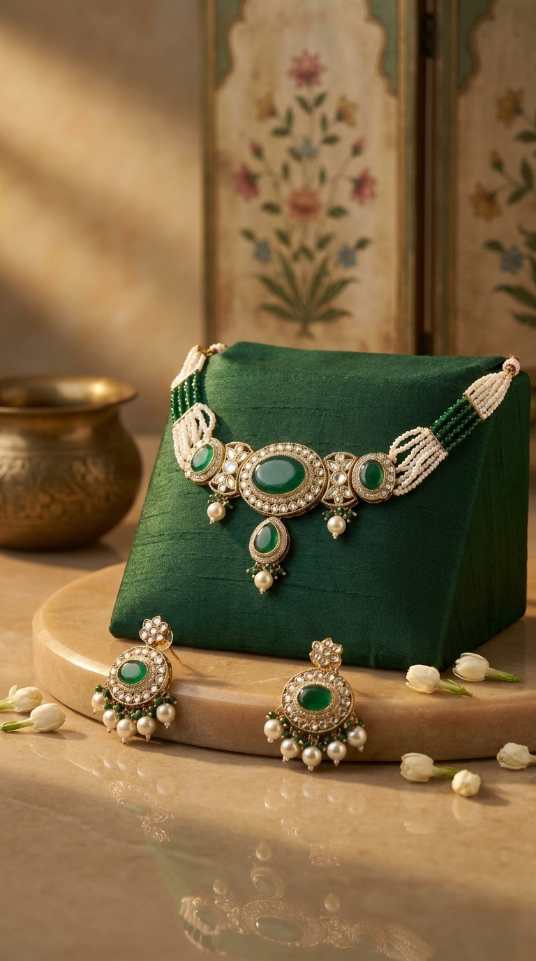 Gold-Plated Emerald Green & Pearl Kundan Choker Necklace Set with Matching Earrings for Women & Girls
