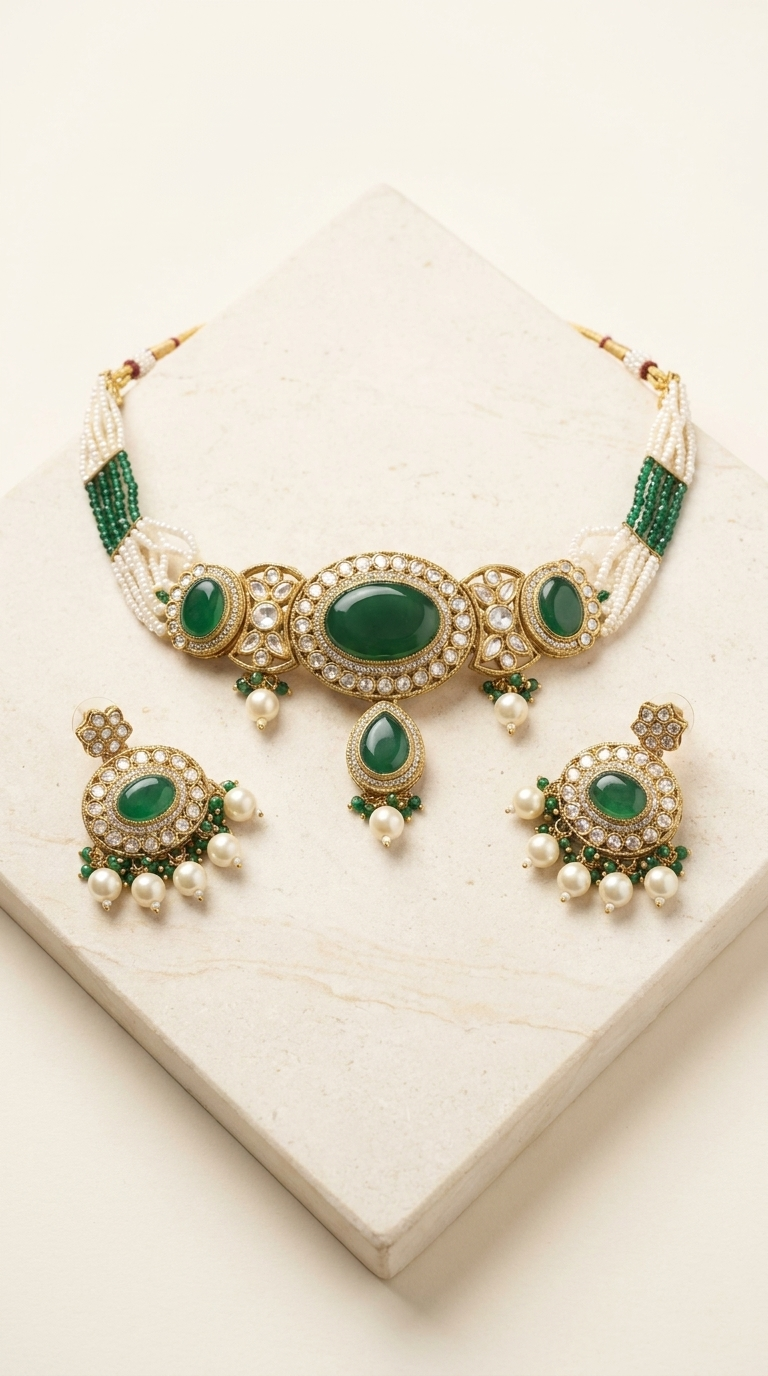 Gold-Plated Emerald Green & Pearl Kundan Choker Necklace Set with Matching Earrings for Women & Girls