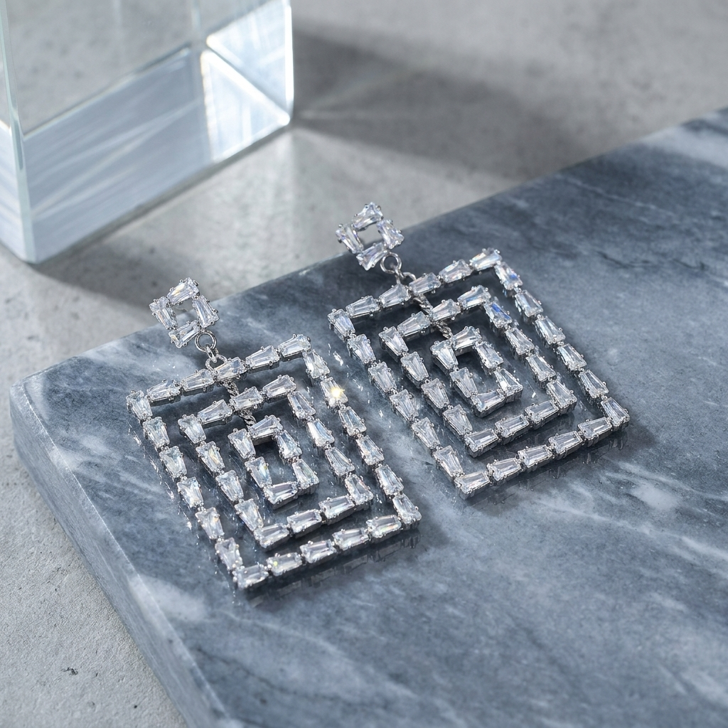 Silver Geometric Earrings for Women with Cubic Zirconia